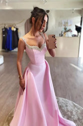 Satin A-line Long Prom Dresses With Beading, Evening Dress